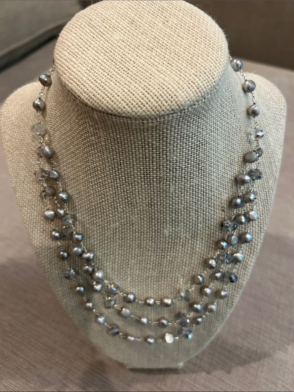 Multi-Strand Silver Gray freshwater Pearls and Crystal Necklace